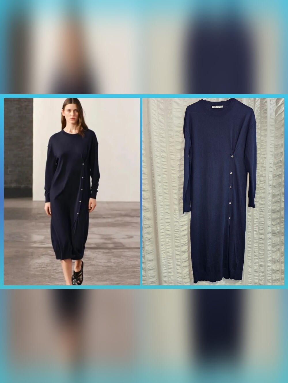 Zara Navy Wool Blend Lagenlook Minimalist Maxi Sweater Dress Side Button Detail